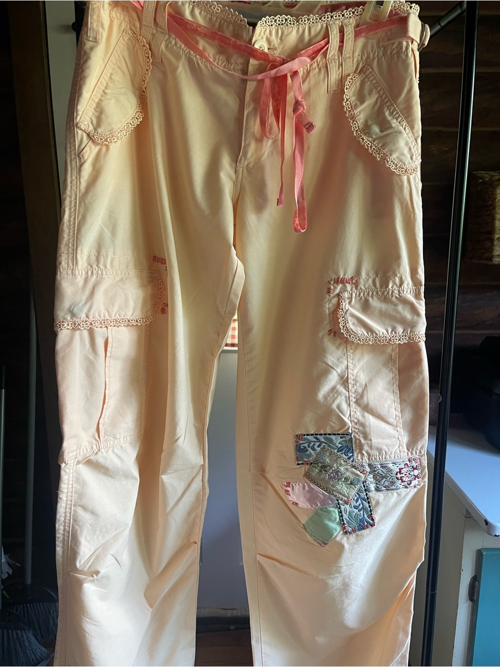 Miss Me Peach Patchwork Cargo Pants with Pink Drawstring